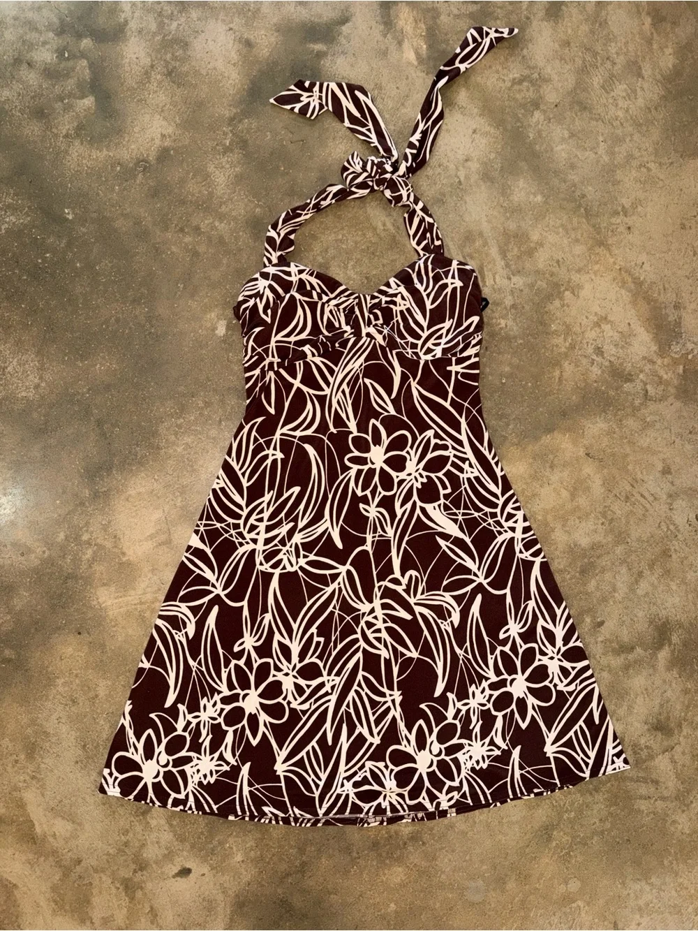 City Triangles Brown Cream Floral Halter Mini Dress Y2K Boho Cottage M (S Fit)